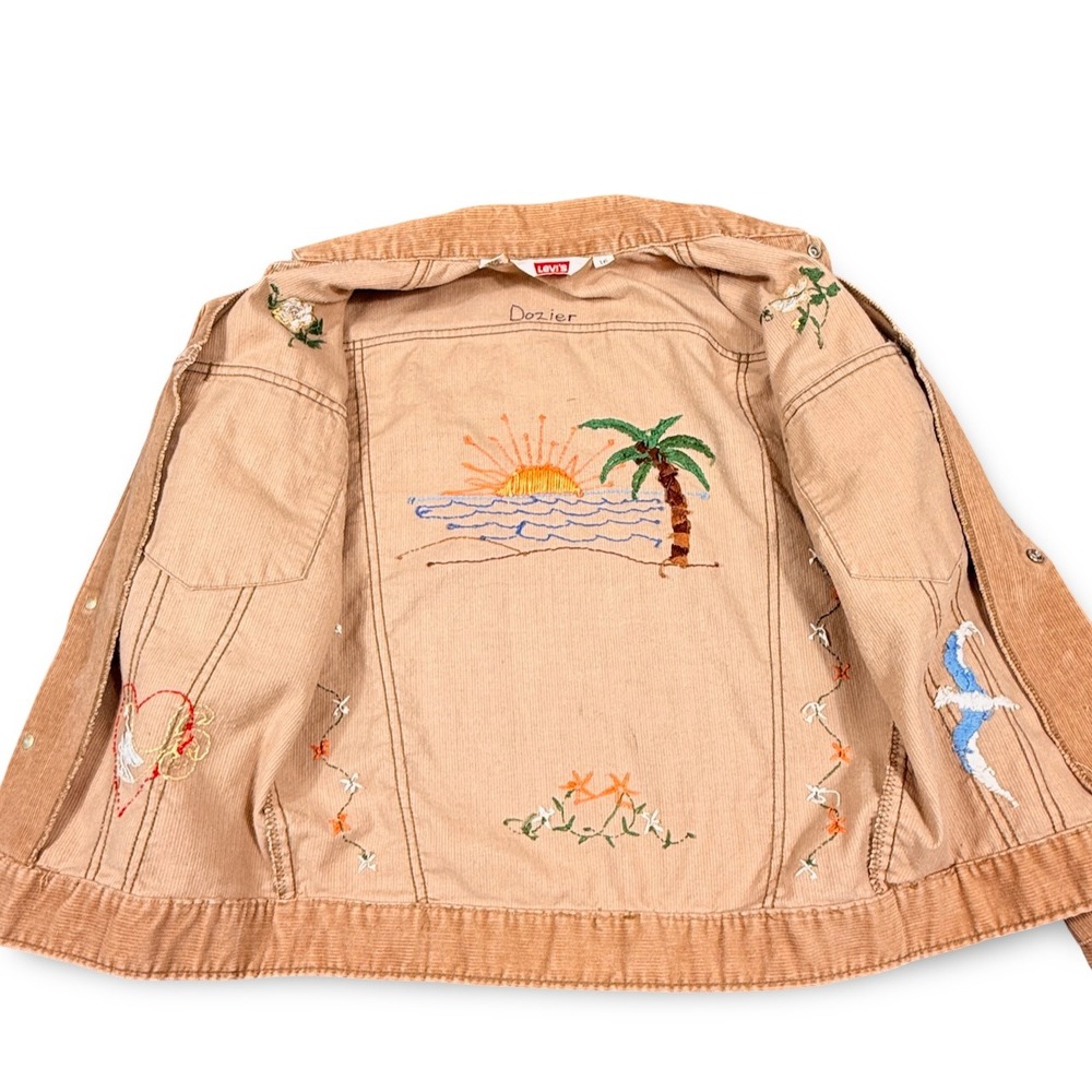 Levis OOAK Corduroy Trucker Jacket Girls 16 Women XS Boho Hand Embroidered Khaki - Picture 8 of 11